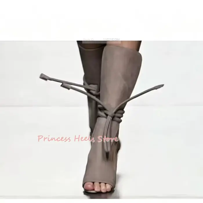Sandales grises à talons hauts pour femmes, à bout ouvert, découpées, à talons aiguilles, avec lacet