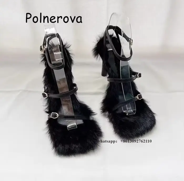 Sandales Parker Carrées en Fourrure pour Femmes, Talons Fins, Ceinture Un Mot, Conception Globale, S