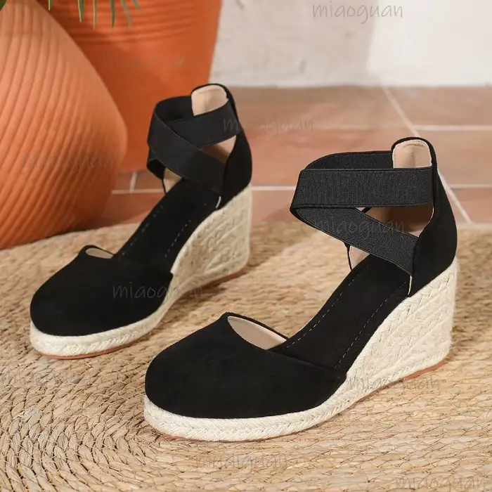 Sandales compensées espadrilles pour femmes à bout couvert, à bride cheville, confortables, à enfile