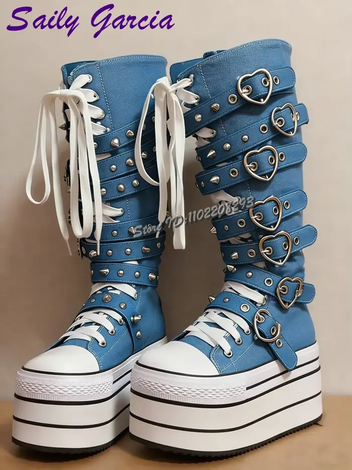 Bottes hautes en toile rose bonbon à boucle cœur, à pois, bout rond, à lacets croisés, style punk co