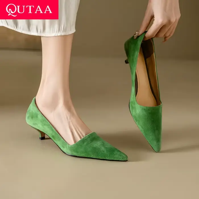 QUTAA 2025 nouvelles mode femmes pompes chaussures mi talon été enfant daim Sexy bout pointu fête bu