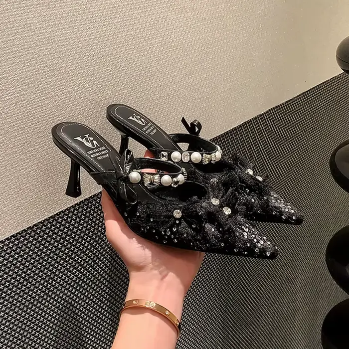 QUTAA 2025 mode femmes talons hauts sandales chaussures Sexy nœud bout pointu pantoufles de fête cha