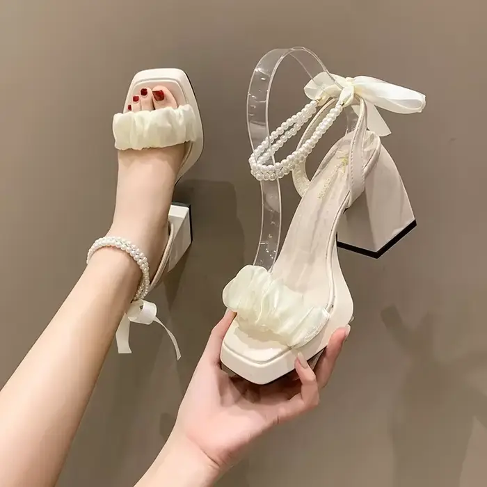 Escarpins avec nœuds élégants pour femmes, chaussures de soirée carrées, sandales en perles Parker, 