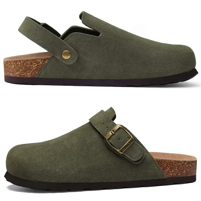 Asgard Sabots en cuir véritable pour femme avec semelle en liège souple Mules en daim de vache avec sangle réglable Pantoufles confortables à enfiler à la mode