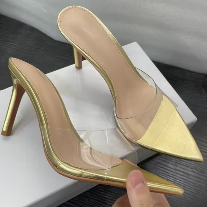 Chaussures à bride transparente pour femmes, escarpins à talons hauts en cuir verni à bout pointu, c