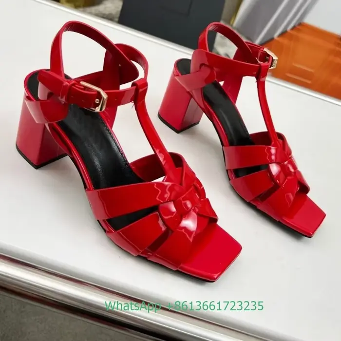 Sandales à talons épais et bout carré pour femmes, couleur unie, bout ouvert, cuir verni véritable, 