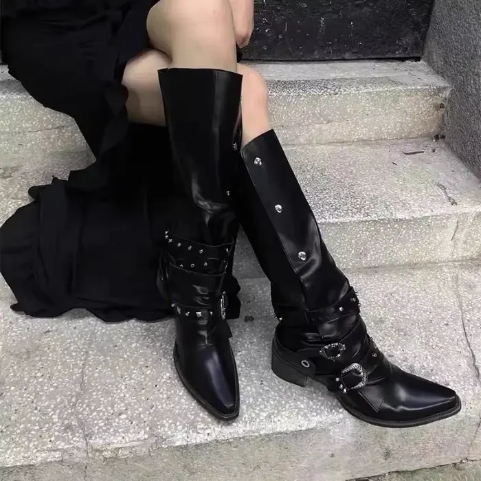 Chunky Knight Chaussures de moto en cuir pour femme, Plateforme haute, Talon bas, Noir, Punk, Gothiq