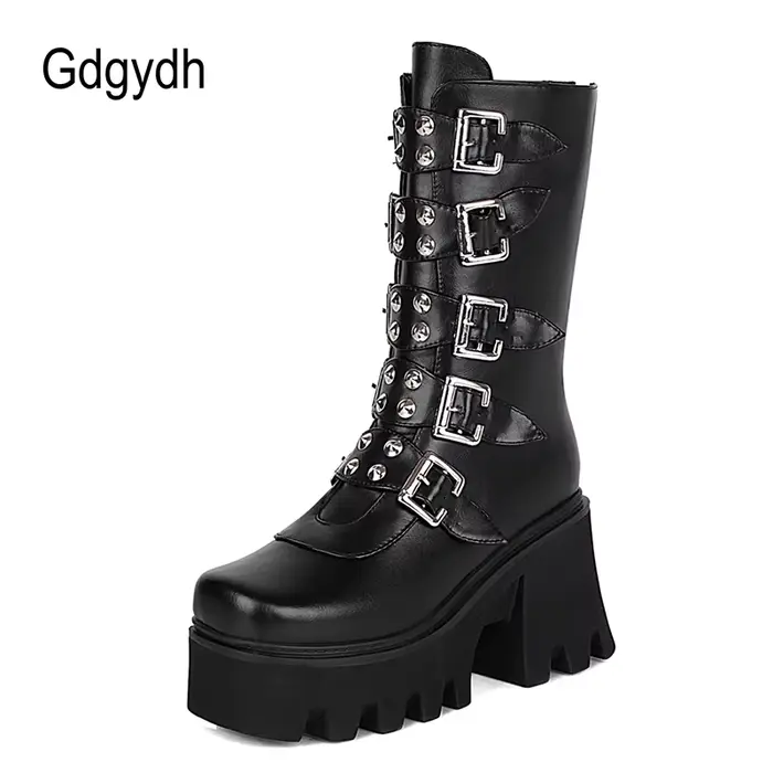 Gdgydh-Bottes à Plateforme Gothiques Punk pour Femme, Chaussures Noires avec Fermeture Éclair Milita