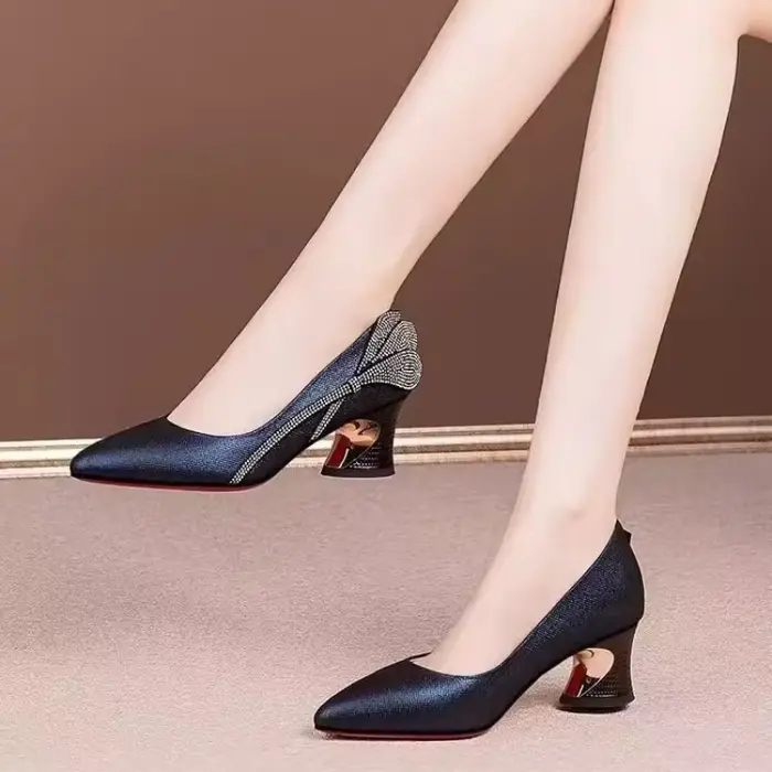 Escarpins à talon carré ornés de strass, talons hauts élégants à découpe basse de style français, ch