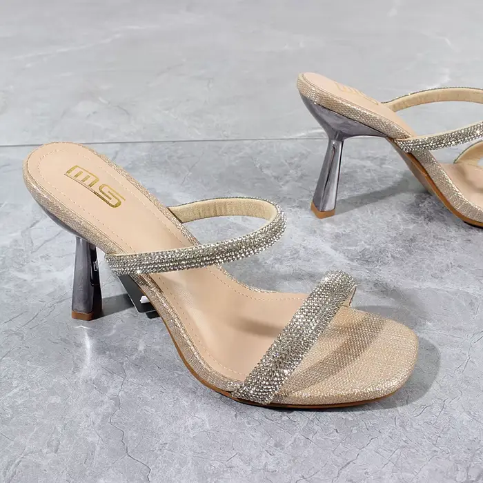 Chaussures d'été modernes en cristal PU pour femmes, biscuits dorés, talons fins, mode extérieure, s