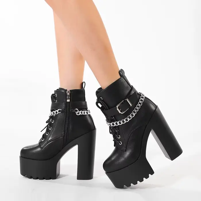 Gdgydh femmes chaîne décor bloc bottes à talons mode à lacets côté fermeture éclair plate-forme bott