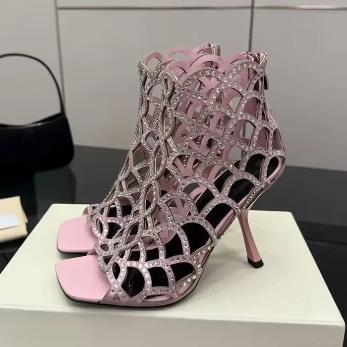 Sandales à talons hauts et fins en cristal brillant pour femmes, bottes ajourées à bout ouvert avec strass scintillants, chaussures de robe de Banquet pour printemps et été