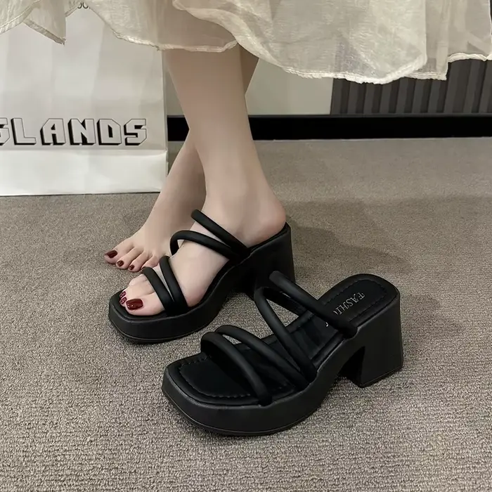 Sandales à talons hauts et plateforme, grande taille, bout carré, imperméables, nouveau style été, élégance simple, mules à talon épais