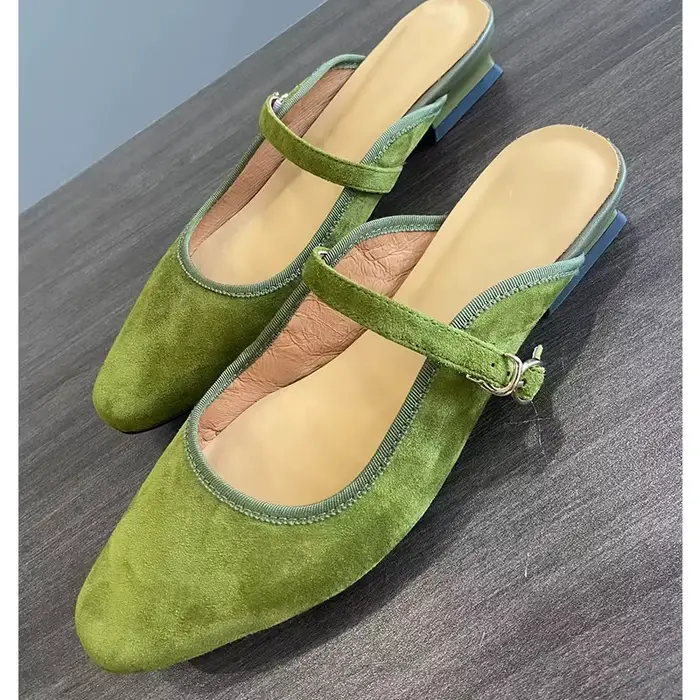 Mules d'été en daim de mouton pour femmes, chaussures en cuir, pantoufles carrées à talons bas, couverture Parker, slingback fleur, sandales vertes, nouveau