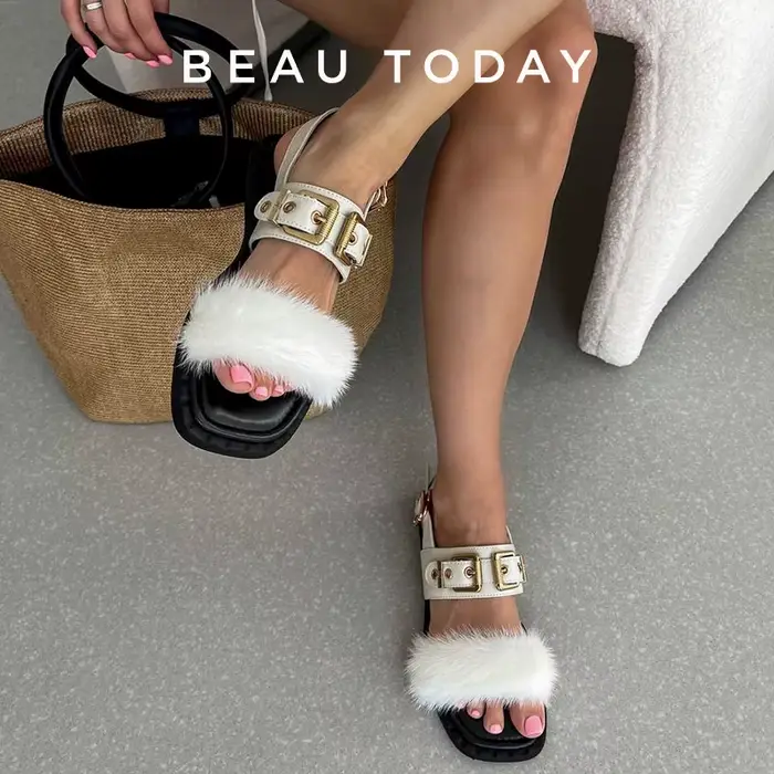 BeauToday-Sandales Plates en Cuir de Vache pour Femme, Chaussures à Fourrure Carrées, Design de Viso