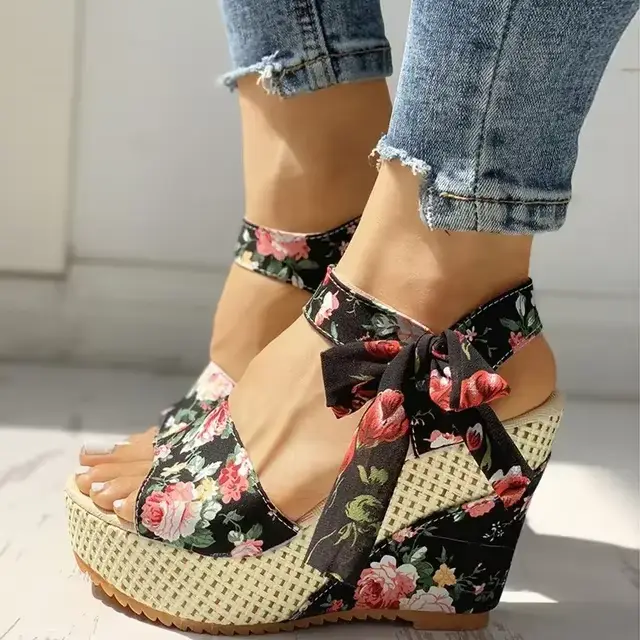 Sandales Compensées Confortables à Lacets pour Femme, Chaussures Habillées à Talons, Plateforme Flor