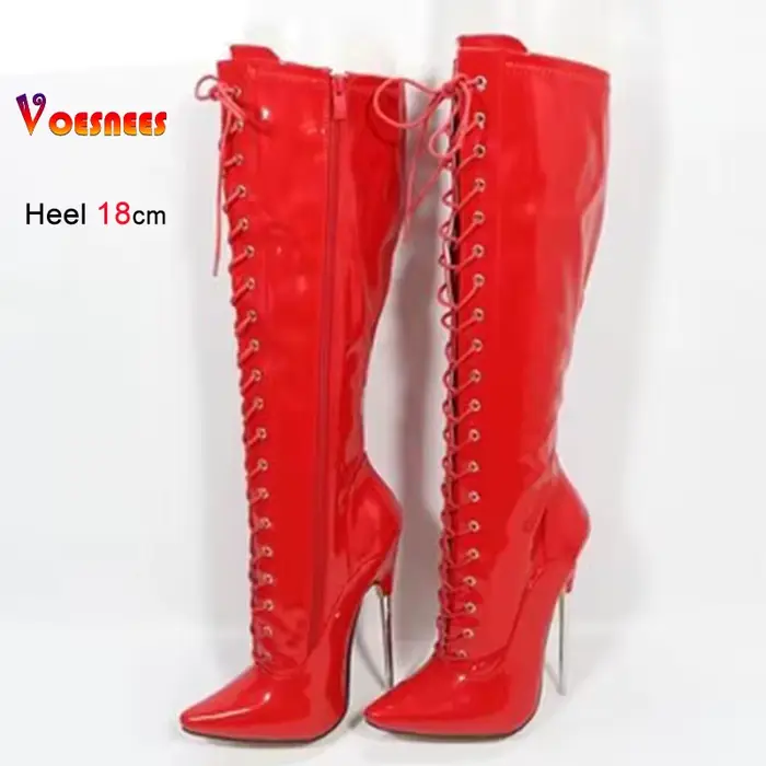 Noir 18 cm talon en métal genou haute femmes bottes boîte de nuit scène bout pointu pôle chaussures 