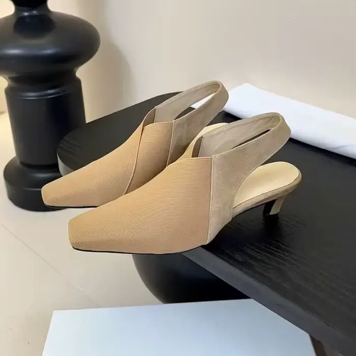 Escarpins à talons chaton pour femmes, tissu extensible, bout carré, bande élastique, sandales Slingback, chaussures de printemps et d'été pour le bureau et les déplacements