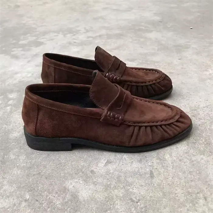 Nouvelles chaussures plates rétro françaises en cuir de veau pur fait à la main
