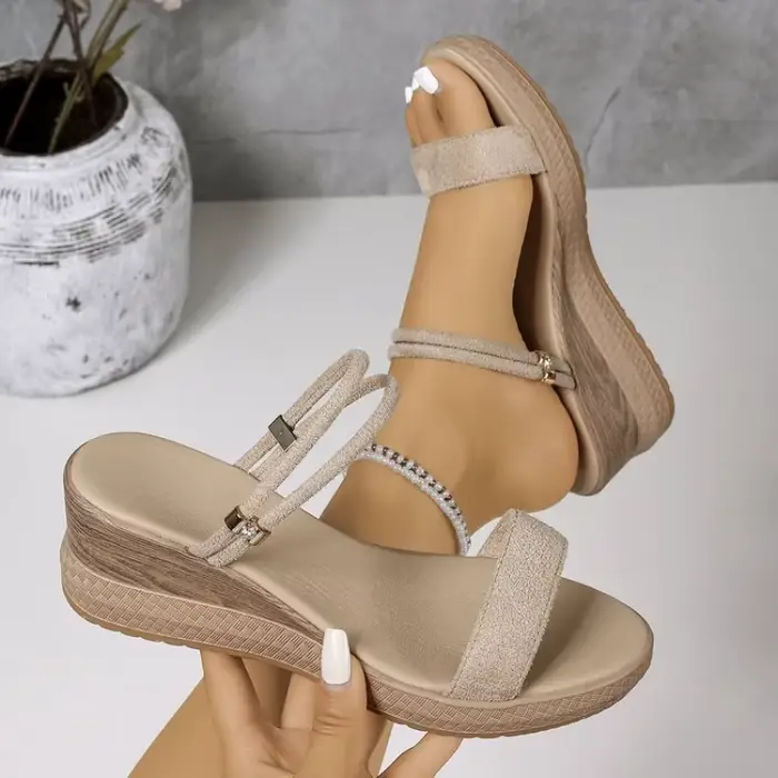 Sandales compensées en daim à double bride pour femme, confortables, avec soutien de la voûte planta