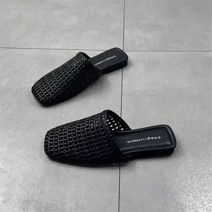 Mules tissées ajourées futuristes pour femmes, sandales plates à bout fermé en maille métallique, à 