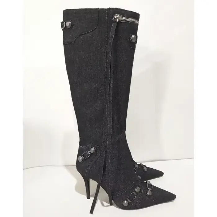 Bottes Hautes à Talons Fins et Pointus pour Femme, Chaussures en Denim, Design de Marque, à la Mode,