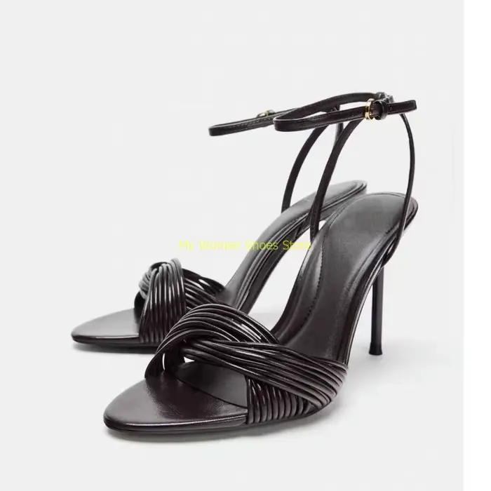 Sandales à talons aiguilles torsadées à brides, bout ouvert, bride de cheville à boucle, bout rond,
