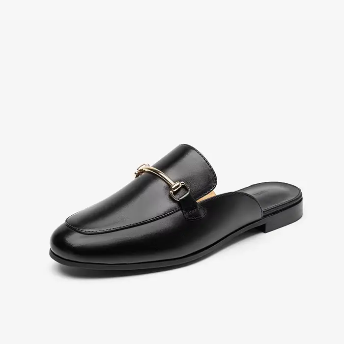 BEAUTODAY Mules décontractées femmes en cuir de veau décoration en métal couleur unie pantoufles mod