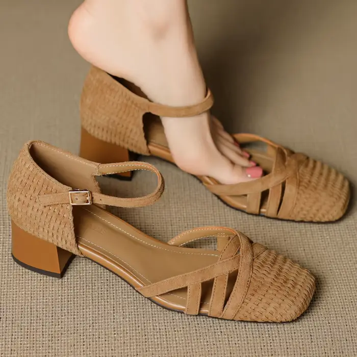 Danxuefei femmes daim naturel cuir bride à la cheville sandales bout carré 4 cm d'épaisseur med talo