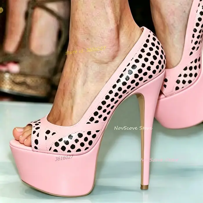 Sandales à plateforme peep toe multicolores à pois noirs, talons aiguilles hauts, escarpins à coutur