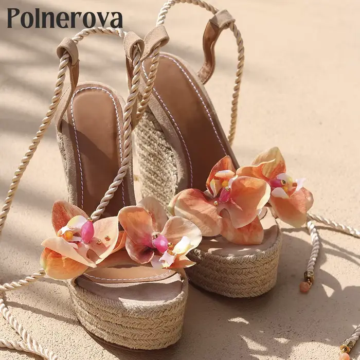 Espadrilles à fleurs pour femmes, sandales à l'offre elles compensées, pour la plage et les vacances