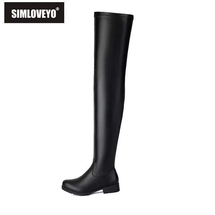 SIMLOVEYO nouveau hiver automne sur les bottes au genou 3.5 cm talon carré fermeture éclair bout ron