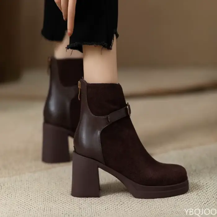 À la mode polyvalent semelle épaisse talon épais femmes bottes automne hiver élégant simple talons hauts loisirs