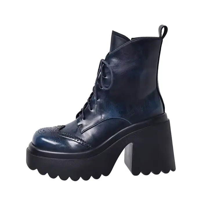Bottes de Moto à Talons Hauts en Cuir de Vache pour Femme, Bottes de Rinçage à Plateforme, Style Rét