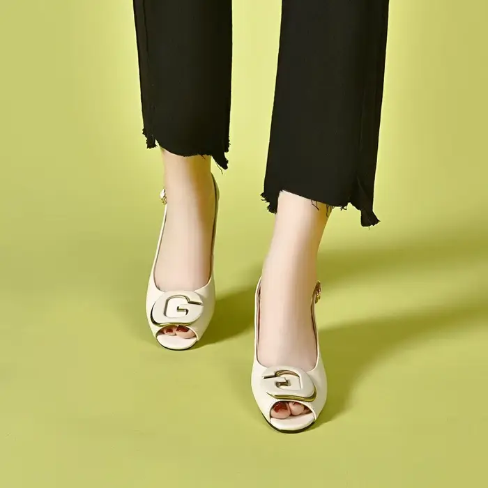 Sandales d'été à Talon Bloc pour Femmes Escarpins Élégants à Bout Ouvert Slingback Chaussures de Bureau à Gros Boucle