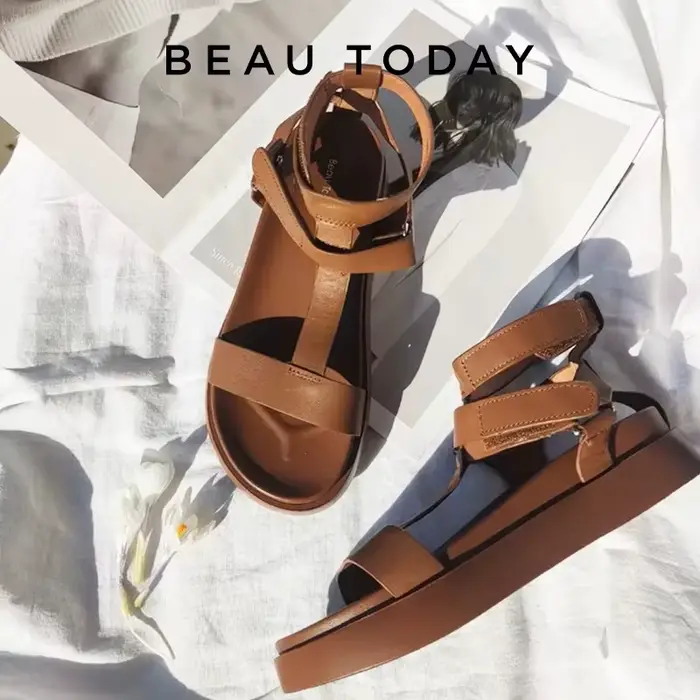 BeauToday – sandales de gladiateur d'été en cuir de veau pour femmes, chaussures faites à la main, à