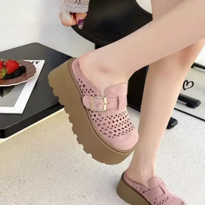 Mules perforées d'été pour femmes |   Sandales rétro en daim à bout fermé avec boucle réglable |   S