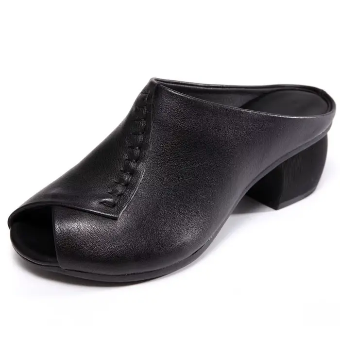 Sandales à Talons Mi-Hauts pour Femme, Chaussures à Bout Ouvert, en Cuir Microcarence, Noir et Marron, Design Original, à la Mode, Été 2021, Livraison Directe