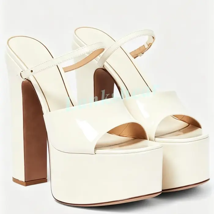 Sandales mules à plateforme et talon carré épais pour femme en cuir verni, bout ouvert, style chic p