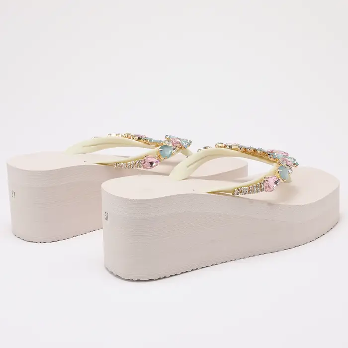 Tongs à talon compensé pour femmes - Sandales plateforme rose blush avec embellissements en cristal Chaussures d'été élégantes