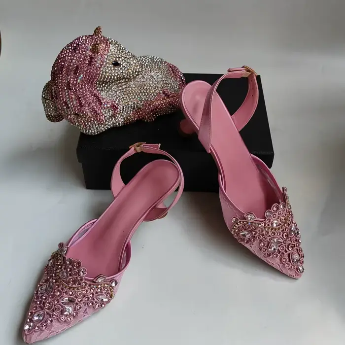 LNATISNOVA – ensemble de chaussures à talons hauts avec nœud en cristal rose pour femmes, sandales à