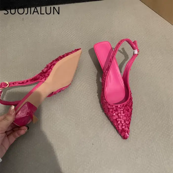 SUOJIALUN-Sandales Bling à Talons Pointus pour Femme, Escarpins à Enfiler, peu Profondes, Élégantes,