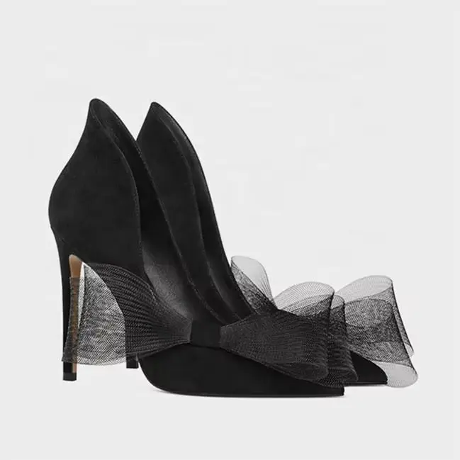 Escarpins en daim Beige/noir pour femmes, décor de nœud transparent, bout pointu, talon aiguille, ro