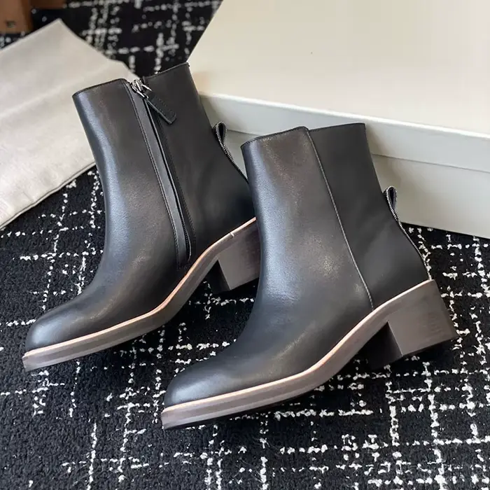 Femmes gros talon haut bottes courtes en cuir véritable bout rond fermeture éclair conception cheville Botas dames