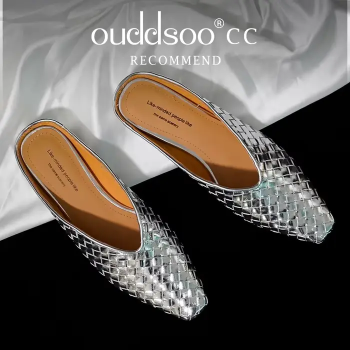 Mules de luxe Ods Gold Silver, pantoufles tissées, bout carré, talon plat, design à enfiler, chaussu