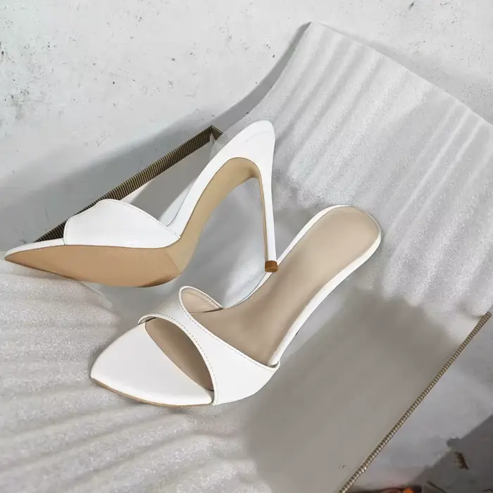 Mules à talon aiguille en similicuir blanc pour femme - Sandales à talon haut à enfiler pour l'été,