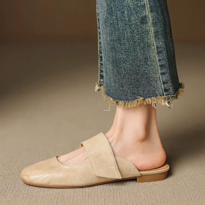 Mules d'été en cuir véritable pour femmes, chaussures à bout carré et à talons épais, sandales à dos