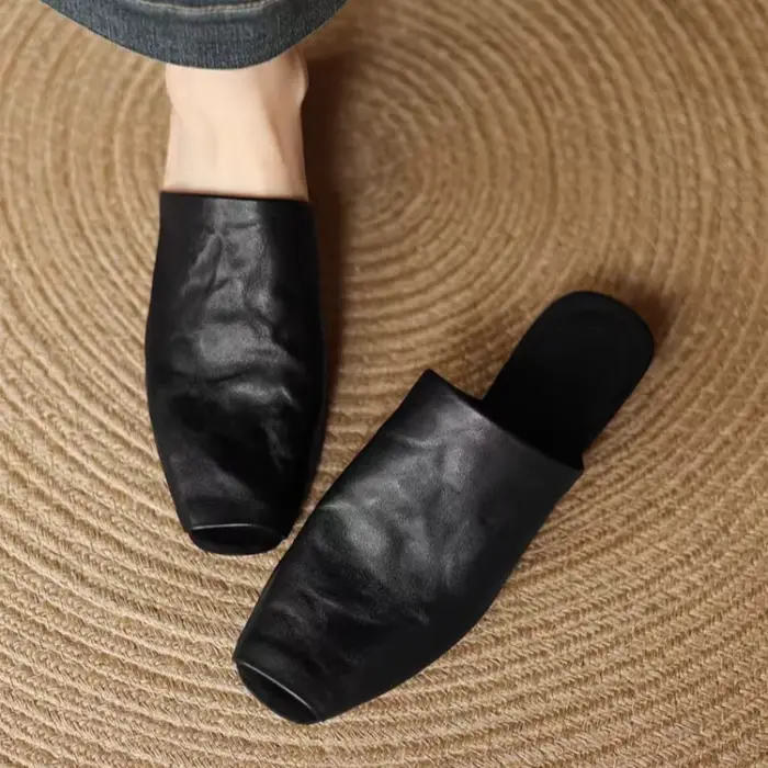 Mules pour femmes vêtements chauds femme carré bout fermé pantoufles peau de vache chaussures plates en cuir véritable