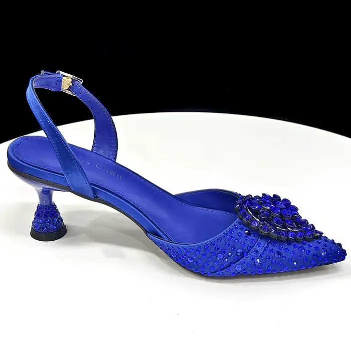 Chaussures à talons hauts confortables et sac assorti en strass bleu Venus Chan – Style mode à bout pointu pour femme ou chaussures de ville