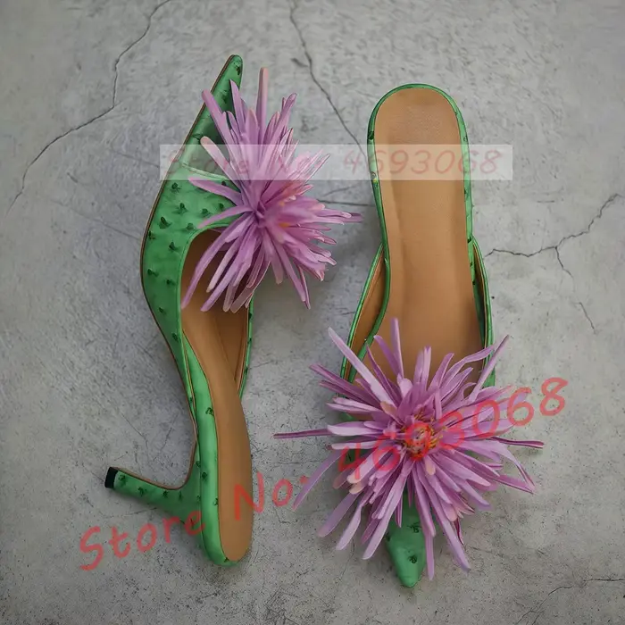 Mules vertes à talon moyen avec applique florale, élégantes pantoufles ouvertes à bout pointu pour f